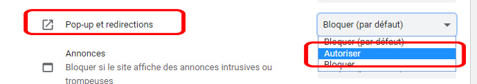 Choisissez Autoriser pour la ligne Pop-up et redirections
